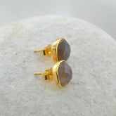 Grey Chalcedony Stud Earrings - Pure Silver - Handcrafted Studs - 9mm Faceted Cushion - Fashion Jewelry - Gift For Women - Jewelry For Lady